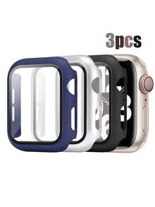 3pcs/Set Hard PC Tempered Glass 2-In-1 Protective Case For Apple Watch 40mm 41mm 42mm 44mm 45mm 46mm, Anti-Drop Anti-Scratch Full Coverage Protective Cover For Apple Watch Ultra SE Series 11 10 9 8 7 6 5 4, Touch Sensitive Smart Watch Protective Case For Men And Women, 3-Color Set - Black+Blue+Silver - View 1