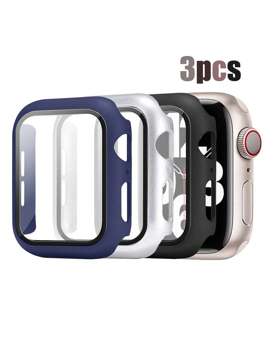 3pcs/Set Hard PC Tempered Glass 2-In-1 Protective Case For Apple Watch 40mm 41mm 42mm 44mm 45mm 46mm, Anti-Drop Anti-Scratch Full Coverage Protective Cover For Apple Watch Ultra SE Series 11 10 9 8 7 6 5 4, Touch Sensitive Smart Watch Protective Case For Men And Women, 3-Color Set - Black+Blue+Silver - View 1