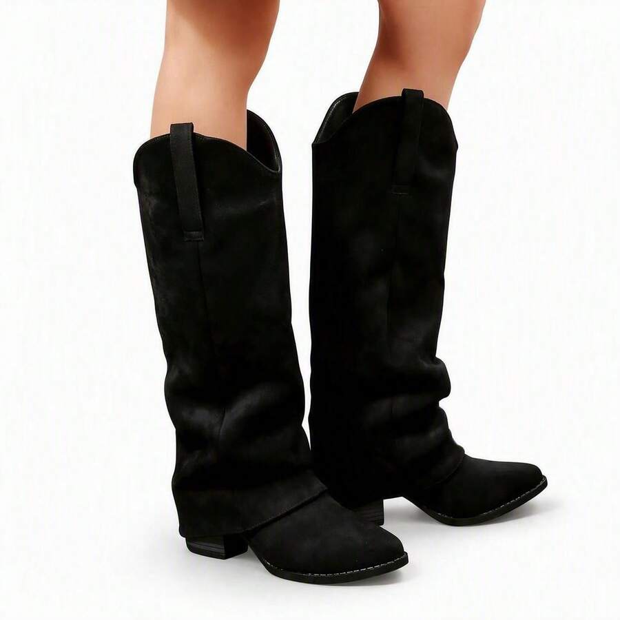 Rollcall Fall/Winter 2025 Women's Western-Style Boot Set, Suede Fashion Knee-High Boots, Solid Color Retro For Wedding & Party,Cowboy Boots - Black - View 1