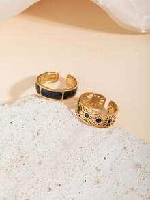 2pcs Stainless Steel Fashion Vintage Open Ring Set, Black Drip Oil, Suitable For Women's Daily Wear Or Gift - Yellow Gold - View 2