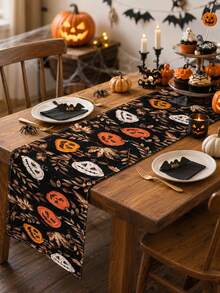 1pc Fall Halloween Pumpkin Linen Table Runner, Rustic Nature Rectangular Table Decor With Pumpkin, Autumn Leaves And Dark Background Print, Seasonal Tabletop Decoration For Kitchen And Home - Multicolor - View 2