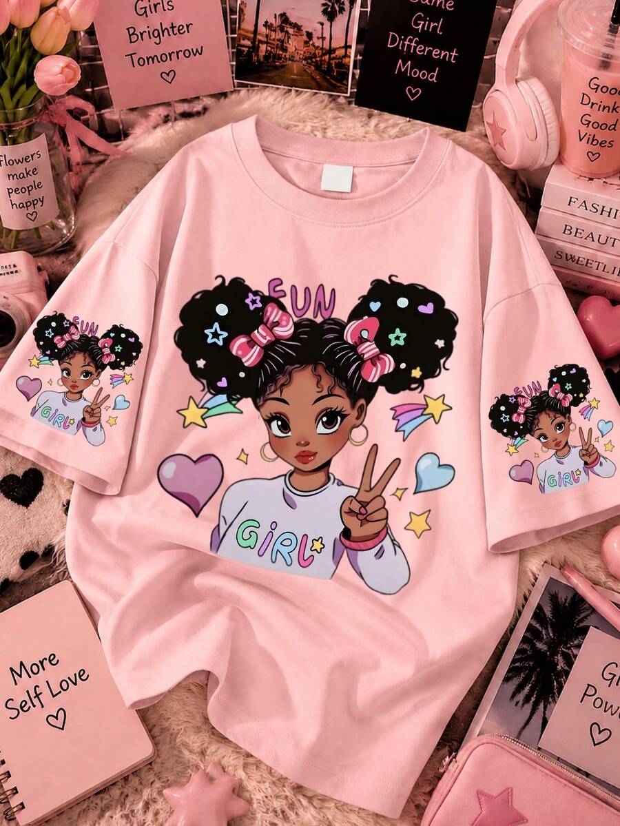 Cute Girl Themed Fun Print Women's Solid Color T-Shirt, Women's Short Sleeve, Back To School Outfit, Birthday Top, Outing Top, Country Music Concert, Cowgirl Outfit, Y2K, Bohemian, Vintage, Elegant, Cute, Luxury, Casual, Suitable For Office Commute, Daily Holiday, Birthday Party, Vacation Travel, School Opening And Graduation Season, Street Sports - Pink - View 1