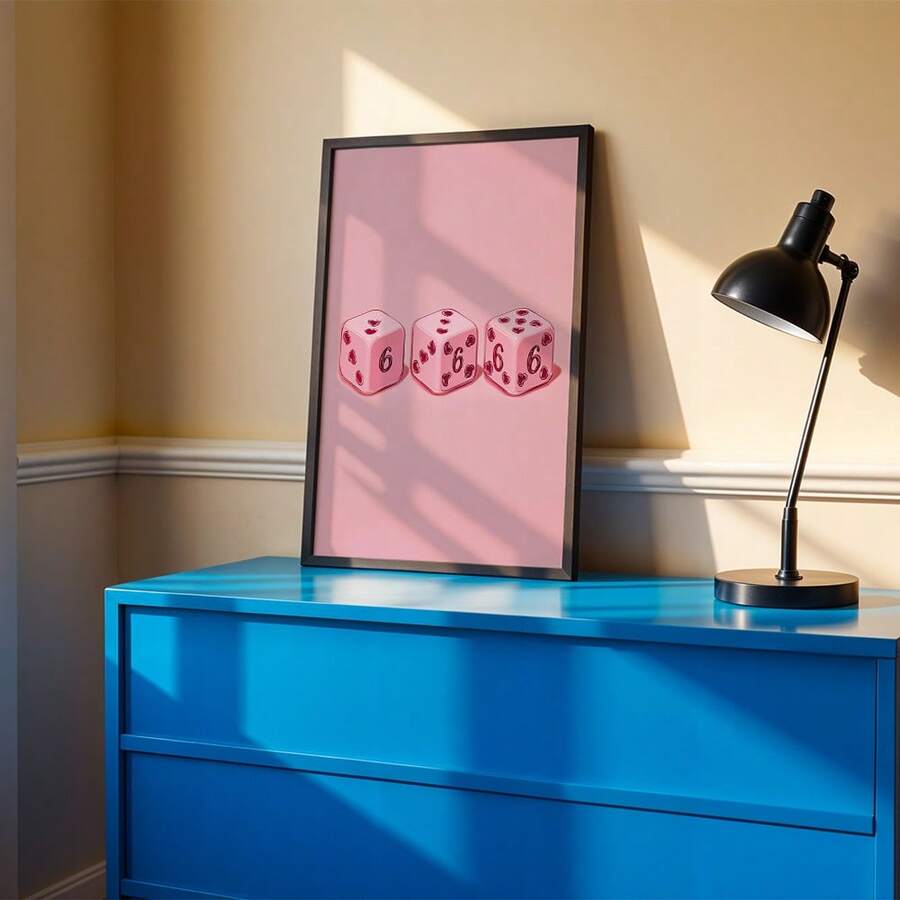 1pc Modern Pink Dice & Triple Heart - Horizontal Canvas Print Suitable For Living Room, Bedroom, Game Room Decor - Minimalist Ink With Dice Roll Patterns, Unframed For Hanging, Holiday Gift For Gamers, Unframed - Multicolor - View 1