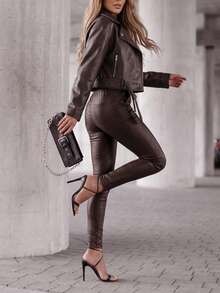 Women's Stylish Brown PU Leather Skinny Pants Long Ruched Drawstring Waist Band Casual Party Trousers - Coffee Brown - View 3