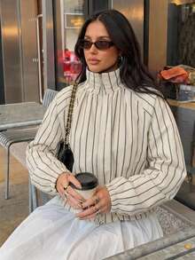 Women's Striped High Neck Half Zip Puff Sleeve Drawstring Waist Blouse Casual Loose Fit Long Sleeve Top - Light Yellow - View 4
