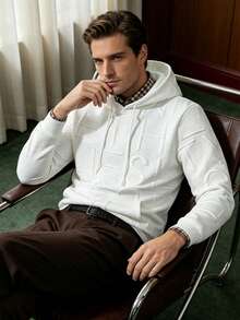 Men's Autumn/Winter New Letter Jacquard Sweatshirt, Fashionable Casual White Pullover, Solid Color Top, Long Sleeve Top - White - View 3