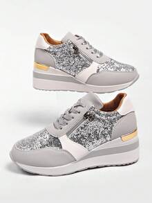 Women's INS Trending Running Shoes, New Export Style Breathable Wedge Heel Casual Sports Shoes, Plus Size - Grey - View 3