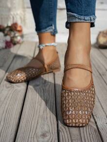 Square Toe Floral Lace Mesh Women's Flat Mary Jane Ballet Shoes, Fashionable, Comfortable, Breathable, Slip-On, Suitable For Casual/Work, Gentle And Elegant - Camel - View 6