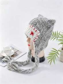 1pc Women's Dopamine Color Little Devil Ear Warmer Headwear, Handmade Contrast Color Tassel Braid Beanie, Autumn/Winter - Multicolor - View 2