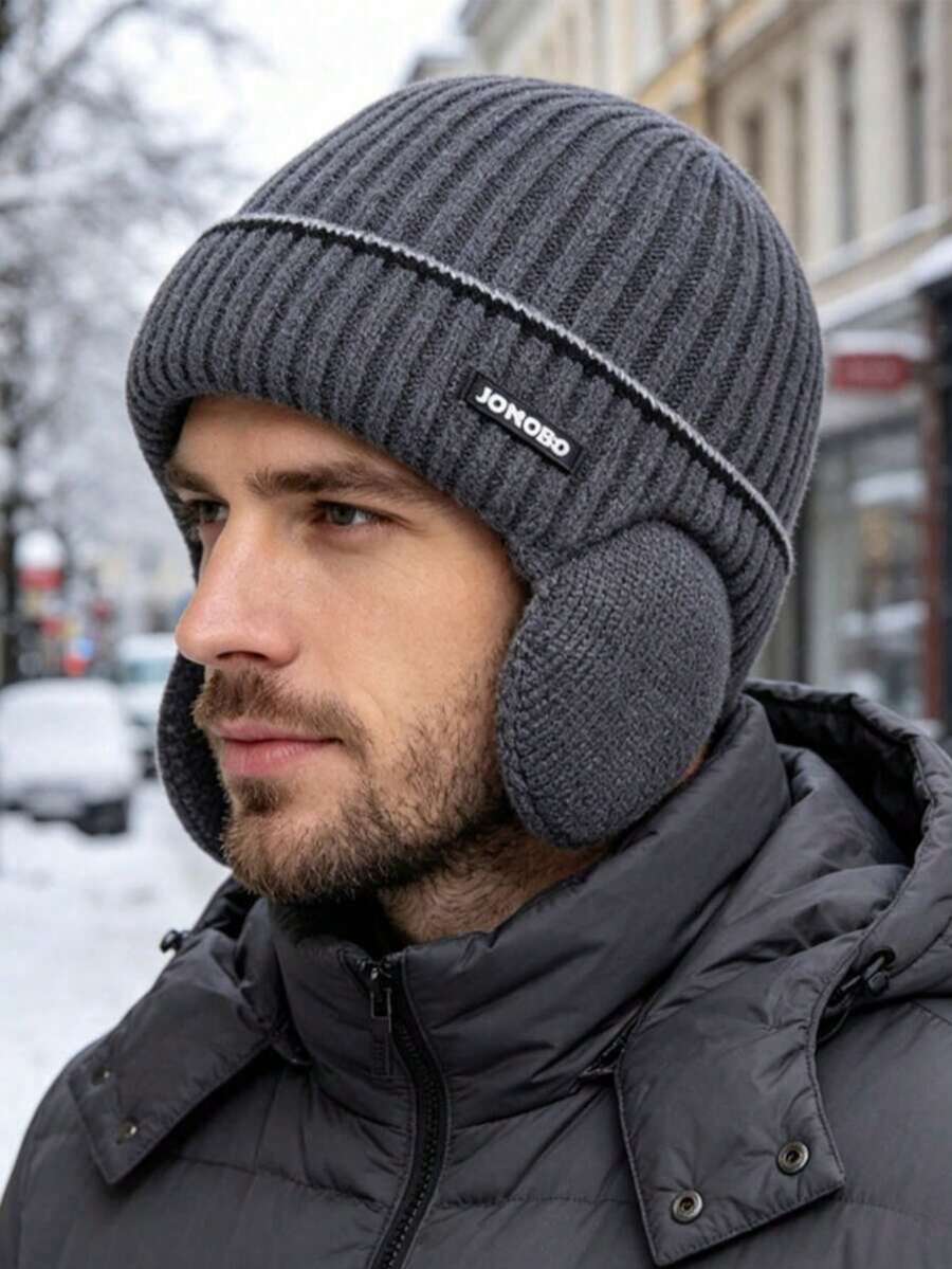 1pc Unisex Autumn/Winter Warm Lining Ear-Flap Knit Beanie, Warm Knit Hat, Suitable For Daily Outdoor, Travel, Cycling, Solid Color Casual Acrylic With Rhinestone - Multicolor - View 1