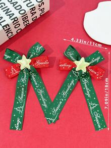 2pcs Holiday Atmosphere Bow Hair Clips, Christmas English Print Woven Ribbon, Christmas Tree Pattern, 3D Pentagram Decoration, Long Draping Ribbon, For Outing, Photography, Back Of Head Hair Styling And Fixing - Multicolor - View 7