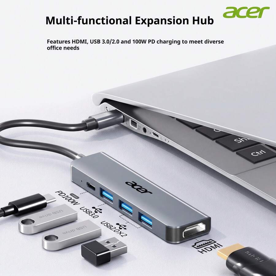 Acer USB 3.0 Hub Splitter Dock, High-Speed 4-Port USB Hub, Laptop Adapter Extension Cable, Type-C - View 1