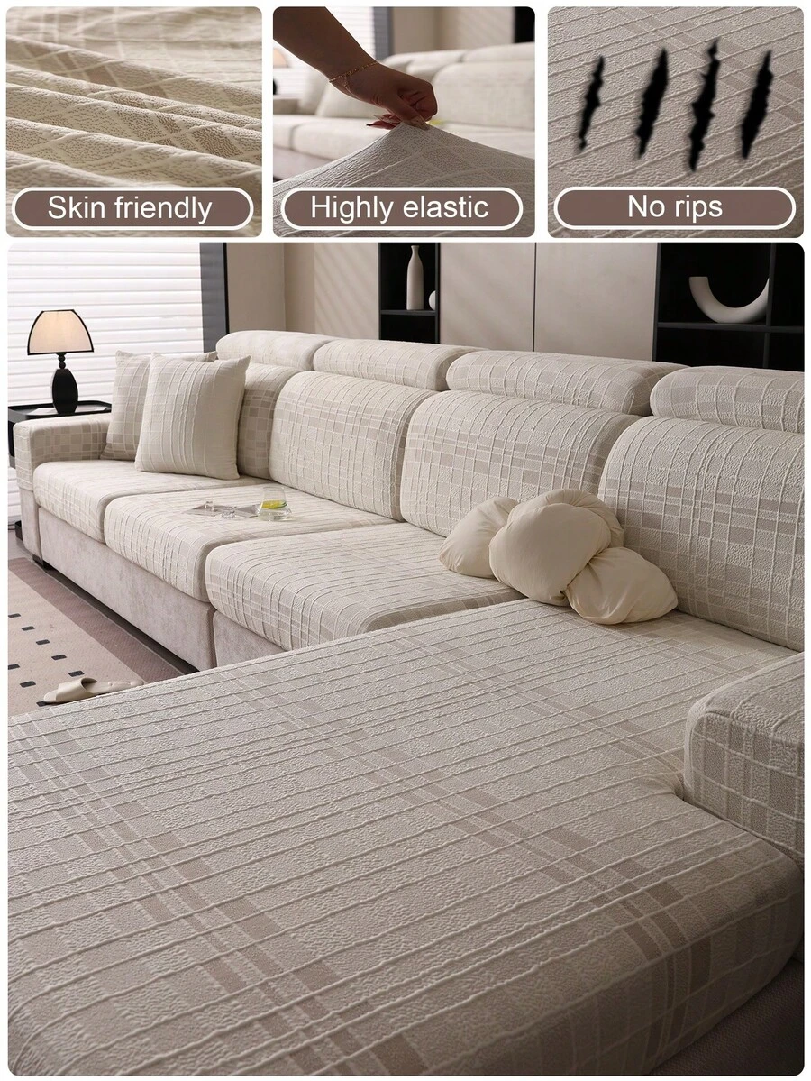 1pc All-Season Waterproof Urine-Proof Non-Slip Universal Sofa Cover, Style Elastic Sofa Cover, Pet-Friendly Stain-Resistant Sofa Cover, Removable Shower Cap Style Sofa Cover, Suitable For L-Shaped Sectional Sofa And 1/2/3/4 Seater Sofa - Xia Qin - Khaki - View 1