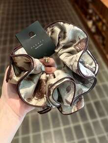1pc Vintage Ruffle Rose Print Hair Scrunchie, Soft Coffee Color Hair Band, Face-Flattering, Suitable For Ponytail Hairstyle - Multicolor - View 4