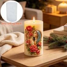 Virgin Mary Rose Pillar Aromatherapy Candle Silicone Mold, Embossed Heart-Shaped Praying Virgin Mary Figure Floral Pillar Design, Reusable, Easy Release, Suitable For Candle Making, Resin, Soap And Clay Materials, Applicable For Church Prayer Ceremonies, Home Decor, Christmas, Easter Gifts, DIY Mold, Holiday Souvenirs, Desktop Decoration, Holiday Aromatherapy Candle Decor, DIY Handmade Home Decoration Gift - A - View 6