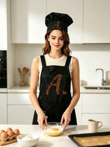 Leopard Print Letter Apron And Chef Hat Set, Fashionable Kitchen Cooking Baking Apron With Pockets, Cross Back Design Apron, Multi-Functional Home Workwear, Practical Daily Cooking Equipment Accessory, Ideal Gift For Women, Mothers, Wives, Friends, Housewarming Gift, Perfect For Home Kitchen, Baking Party, Crafting, BBQ Family Activities, Decorative Practical Kitchen Equipment, Personalized Initial Print Gear, Thoughtful Holiday Surprise Gift, Comfortable Daily Wear For Cooking And Housework - Multicolor - View 2