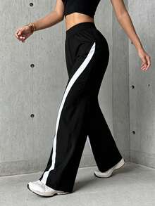 Hidkat Women's Fashion Solid Color High Waist Elastic Yoga Casual Sports Knit Long Pants - Black and White - View 3