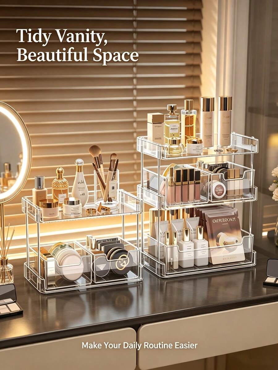 Cosmetic Storage Box Desktop Skincare Lipstick Organizer Eyeshadow Perfume Transparent Drawer Vanity Organizer Rack - Transparent Storage Rack - View 1
