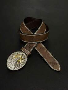 1pc American Western Vintage Sun God Carved Buckle Brown PU Men's Belt, Unisex Design, Suitable For Halloween, Birthday Gift, All Seasons - Multicolor - View 5
