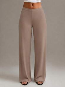 Plus Size Women's Fashionable Elastic High Waist Straight Leg Long Pants New Autumn Style - Khaki - View 2