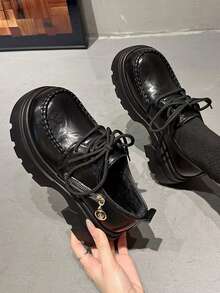 1 Pair Solid Color Preppy College PU Leather Lace-Up Women's Wedge Thick Sole Shoes Office All Season - Black - View 11