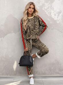 Setelan 2 Potong Wanita, Atasan Lengan Panjang Leher Bulat Motif Leopard + Celana Kasual Warna Kontras dengan Tali Serut, Busana Musim Gugur yang Elegan - Coklat - View 9