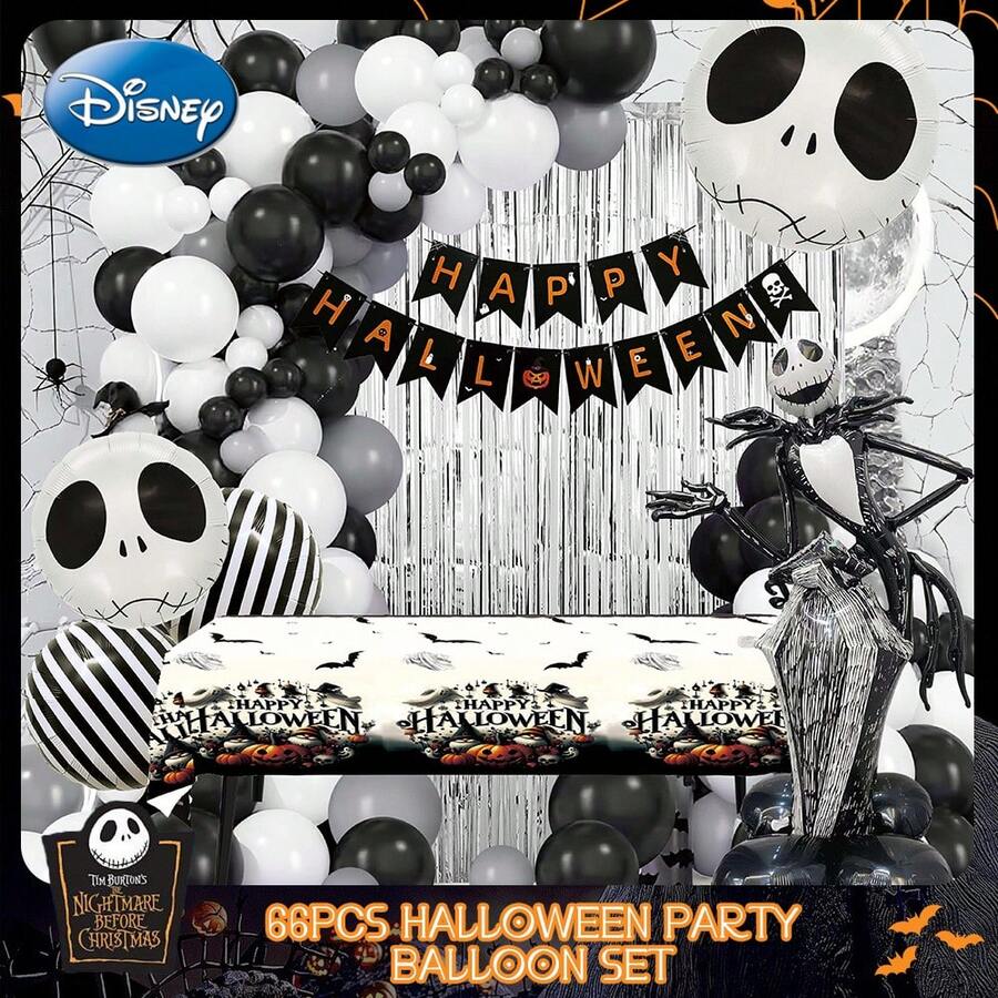 Monogram Disney Official Halloween Party Balloon Garland Kit With Banner,Tablecloth,Tinsel Curtain,Jack Foil Balloon Decor Gift Teens Adults 1Set - View 1