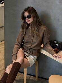 Autumn Women Brown Knit Cardigan Round Neck Button Front Drawstring Waist Long Sleeve Casual Tops Elegant Vacation Going Out Outfits For Women - Brown - View 9