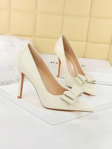 Korean Style Panne Velvet Bow Decor Pointed Toe Slip-On Stiletto Ultra High Heel Women's Shoes - White - View 4