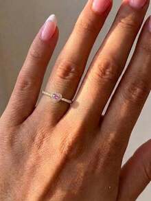 925纯银甜美粉色心形戒指，镶嵌合成立方氧化锆，精致女士结婚/新娘戒指，送给爱人的特别礼物，精美珠宝 - 金黃色 - 查看 9