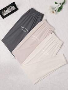 3pcs Set Comfortable Solid Color & Printed Polyester Knit Lounge Pants, Women's Casual Pants, Suitable For Spring, Summer, Autumn And Winter Wear - Multicolor - View 4