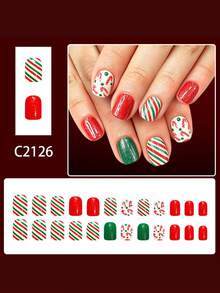 24pcs Short European-Style Square Fake Nails, Christmas Red And Green Striped Candy Cane With Polka Dots And Glitter, Full Coverage Removable Nail Set, Suitable For Parties, Proms, And Everyday Wear. - Multicolor - View 2