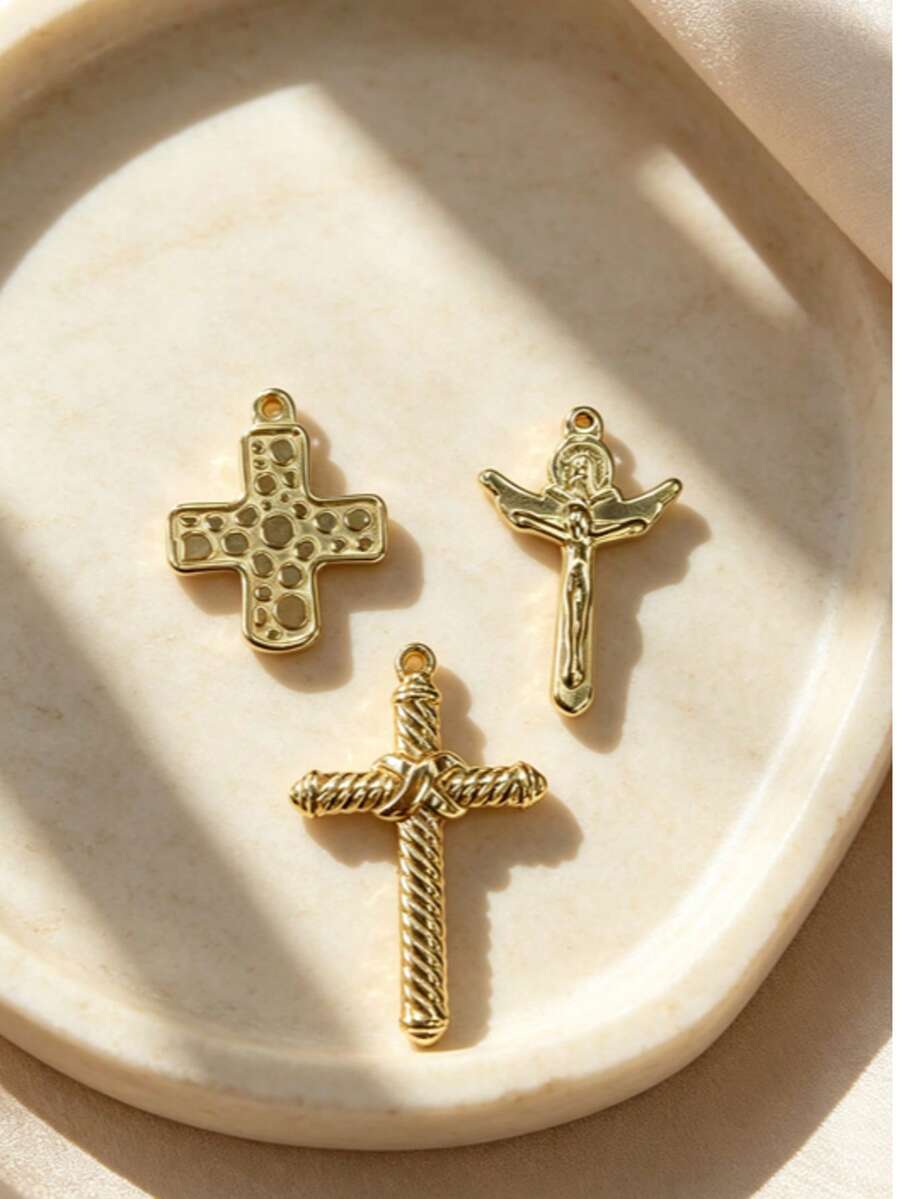 2Pcs Vintage Gold Plated Cross Charms, Textured Rope Pattern & Crucifix Metal Pendants For DIY Necklace Bracelet Jewelry Making - Gold - View 1