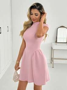 Sweet Pink A-Line Pleated Short Sleeve Mini Dress For Women, Suitable For Autumn Outings, Birthday Parties, Proms - Pink - View 8