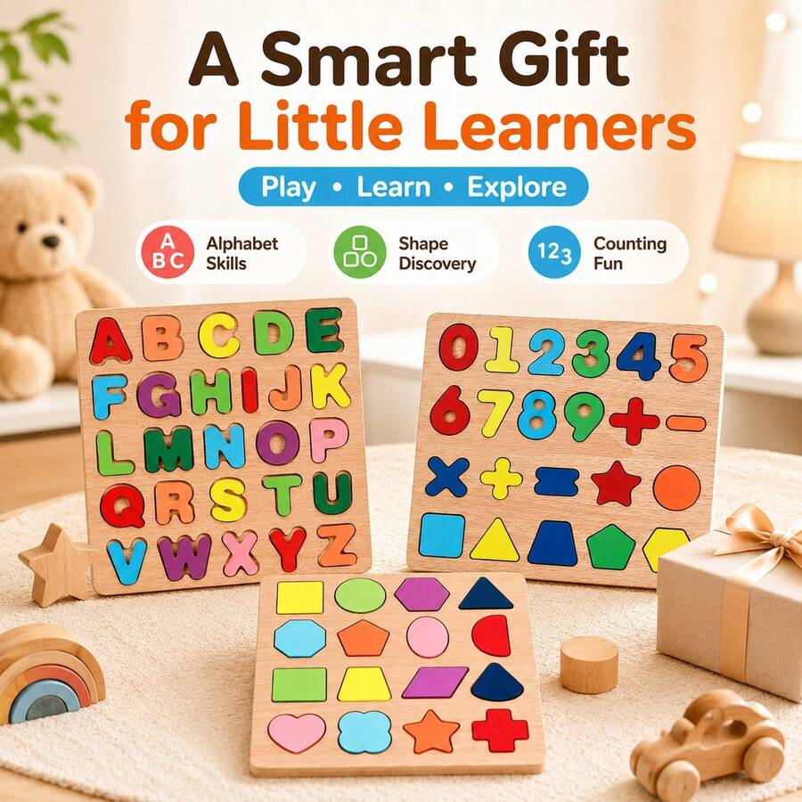 4-In-1 Kids Educational Wooden Puzzle Board - Numbers, Letters, And Shapes Learning Toy - Early Childhood Development Montessori Activity Set - Multicolor - View 1