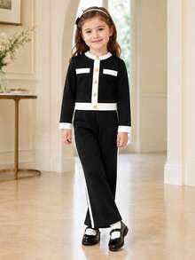 Young Girl Girls Spring Fall 2 Pieces Set, Black White Colorblock Top With Gold Buttons & Side Stripe Wide Leg Pants, Going Out Outfit, For 4-8 Years - Black - View 4