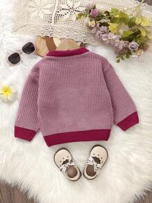 Baby Girl Sweet Cherry Bow Embroidered Sweater, Contrast Color Round Neck Soft Knit Top, Infant Toddler Spring Autumn Winter Versatile Outerwear Inner Layer Base Layer, Daily Wear Knit Sweater - Pink - View 7