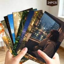 24pcs + 1 Red Envelope, Beautiful & Postcards, Daily Life Scenes Postcards, Girl Enjoying Quiet Time With Text Blessings, Suitable For Friends, Seasonal Greetings - Sets - View 5