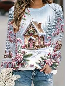 Christmas Magic Snowhouse Pattern Women's Casual Raglan Sleeve Colorblock Long Sleeve Crew Neck Top - White - View 1