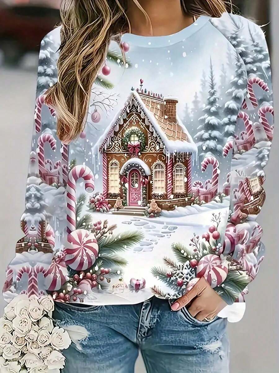 Christmas Magic Snowhouse Pattern Women's Casual Raglan Sleeve Colorblock Long Sleeve Crew Neck Top - White - View 1