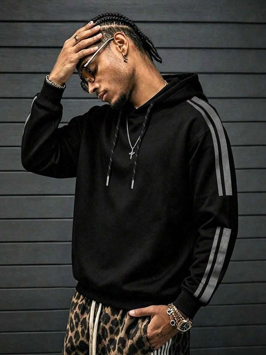 Men's Striped Hooded Sweatshirt, Loose Fit Hip Hop Style, Versatile Pullover Top For Travel, Commuting And Outings, Autumn/Winter - Black - View 1