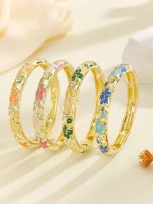 1pc Fashion New Style Gold Plated Enamel Hollow Star Pattern Bangle Bracelet With Rhinestone Hinged Cuff Jewelry Gift For Women Daily Wear - Pink - View 6