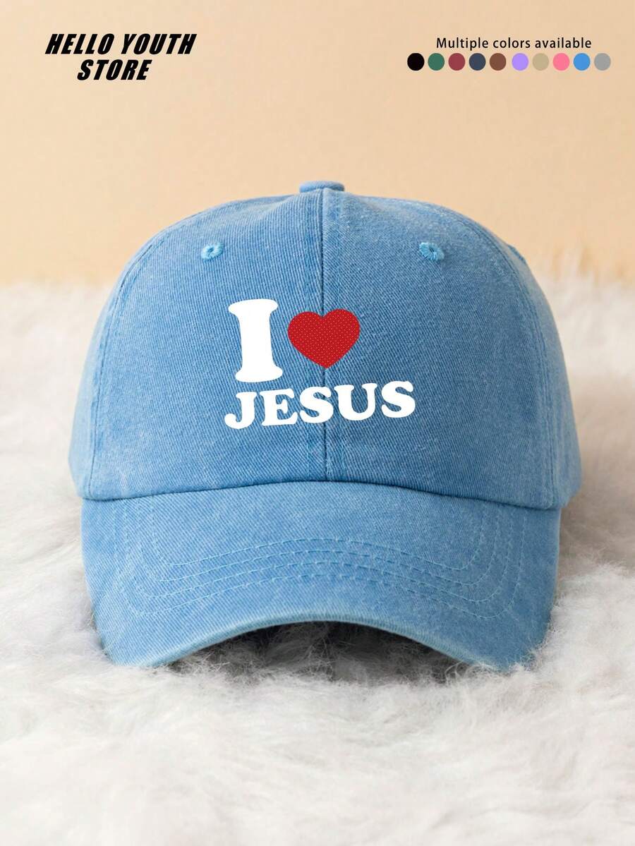1pc "I Love Jesus" Printed Washed Baseball Cap, Fashionable & Versatile, Soft & Comfortable, Sun Protection, Sweat-Absorbent, Adjustable, Multi-Functional, Vintage Style, Suitable For All Seasons