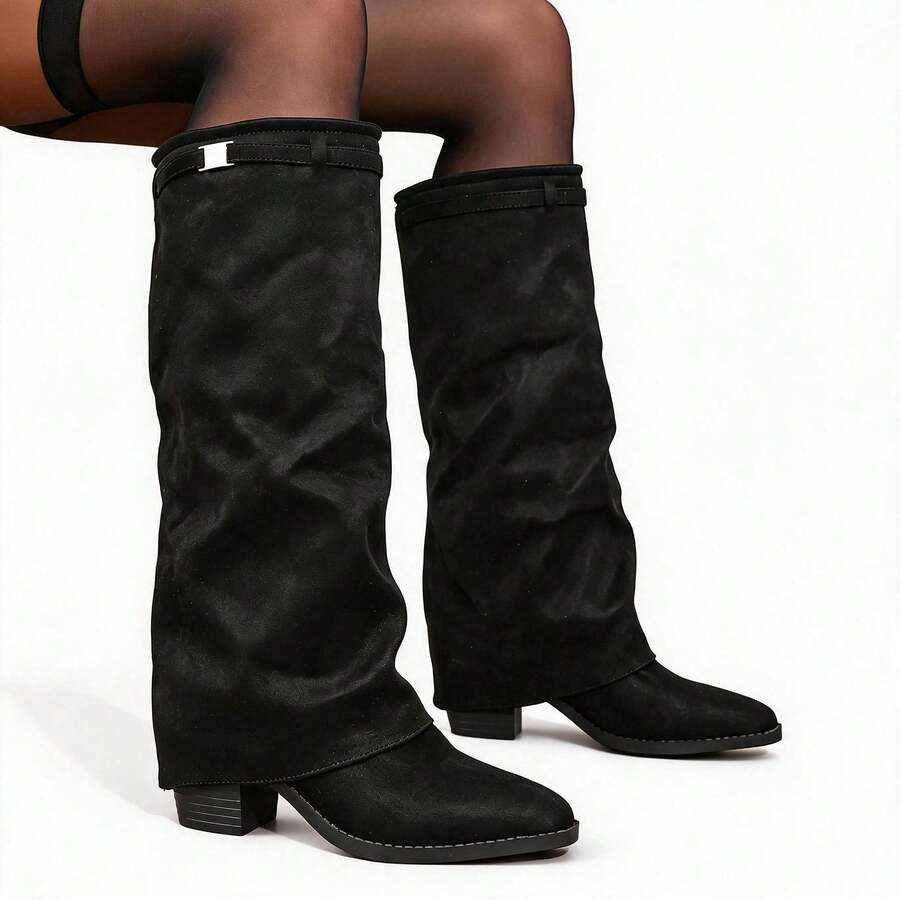 CHICVUE 2026 Autumn/Winter New Black Suede Slouchy Boots, Women's Pointed Toe Chunky Heel Tall Shaft Riding Boots - Black - View 1