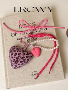Women's Bag Charm Heart Pink Fluffy Leopard Print Beaded Cute Fashion - Pink - View 5