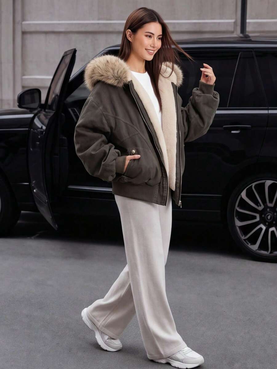 Women's Winter Warm Hooded Parka Coat, With Fur Trim, Army Green Long Sleeve, Zipper Pockets, Fitted Hem, Regular Length, 100% Polyester Filling