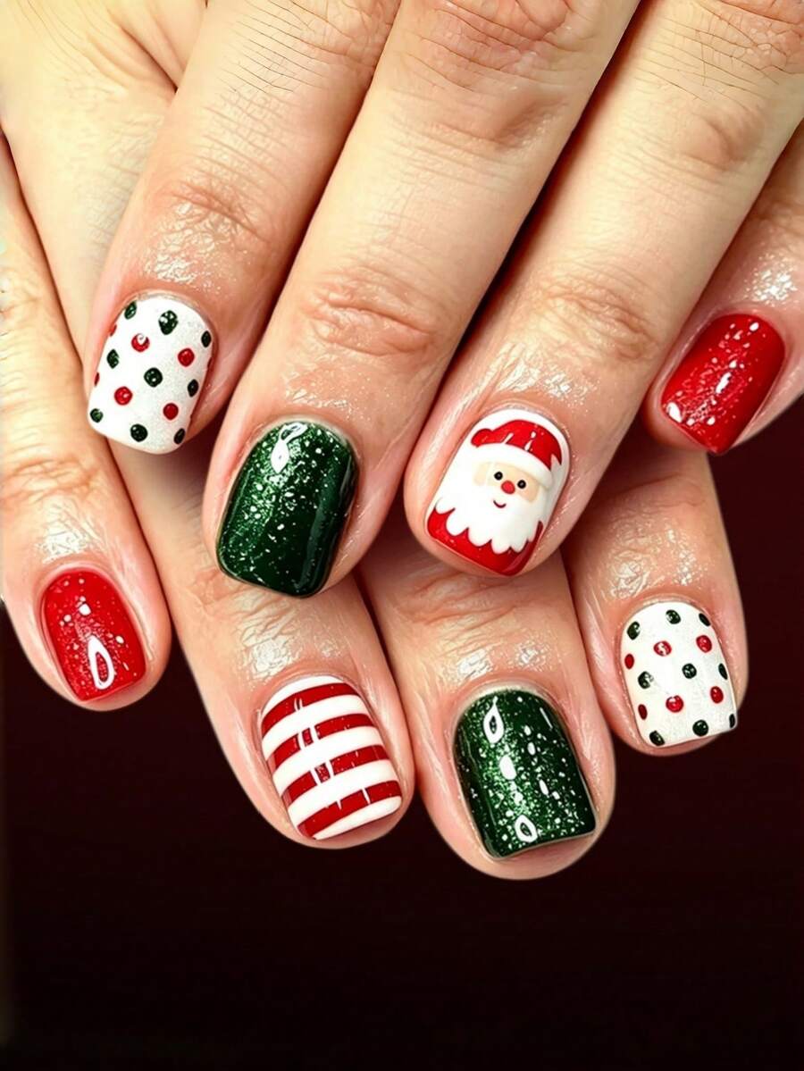 24pcs Short European Square False Nails, Christmas Santa Polka Dot And Striped Press-On Nails, Full Coverage Removable Nail Set, Perfect For Parties, Proms, And Everyday Wear. - Multicolor - View 1