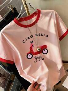 Sweet Girl Pink Trim Cropped T-Shirt, Ciao Bella Letter Glitter Scooter Graphic Ruched Slim Fit Short Sleeve Top, Preppy Style Summer Daily Basic T-Shirt - Pink - View 7
