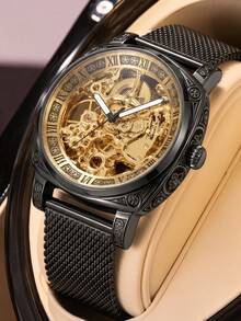 Men's Silver Black Skeleton Quartz Watch Roman Numeral Mesh Strap Luxury Wristwatch Gift For Him Birthday Christmas - Multicolor - View 2