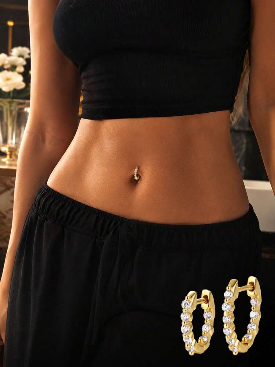 1PC 925 Sterling Silver Belly Button Hoop Ring For Women, Seamless Clicker Navel Piercing Jewelry, Sparkly Full CZ Eternity Band Curved Body Jewelry - Single - View 1